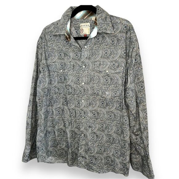 Roper Mens Shirt Pearl Snap Front Paisley Print Long Sleeve Western Gray Sz Med - Picture 1 of 15